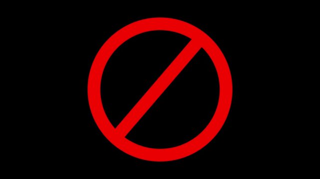 Warning, stop or no entry forbidden circle on black background. Animation of delete, denied, ban or block icon 4k animation...