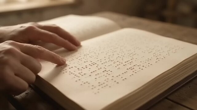 Close-up of a visually impaired person reading a Braille book with fingers