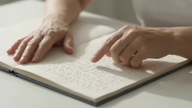 Person reading a Braille book with fingers feeling the embossed text