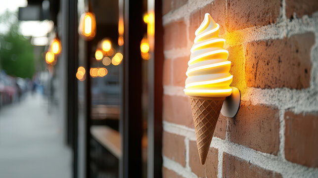 Whimsical ice cream cone light fixture adds playful touch to brick wall, creating warm and inviting atmosphere