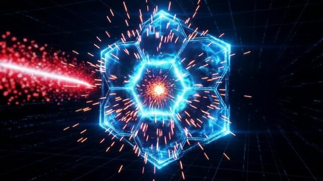 A glowing translucent hexagonal shield deflecting a stream of orange sparks in a dark, futuristic digital environment, showcasing advanced protective technology.