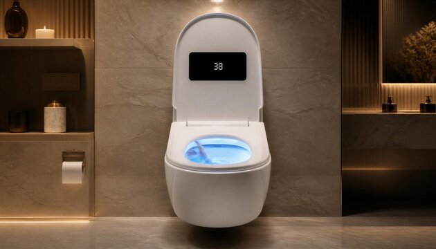 Futuristic luxury smart toilet with integrated digital LED display screen, modern intelligent self cleaning ceramic commode in upscale bathroom interior
