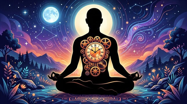 Person meditating with chakra clock in cosmic space