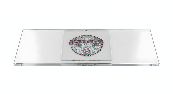 Microscope Slide with Stained Cross Section of Plant Stem Cellular Structure Isolated on White Background.