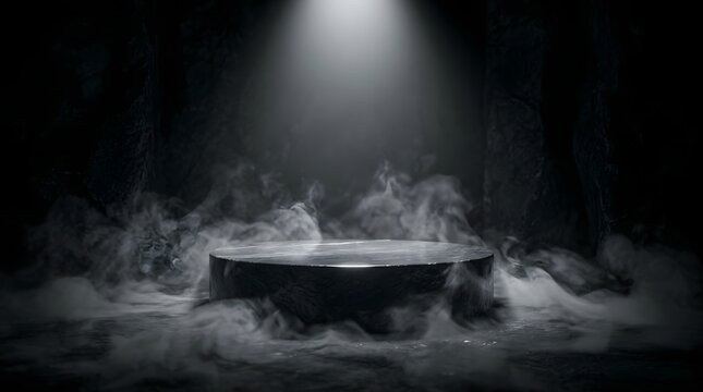Dramatic spotlight illuminates a bubbling cauldron with mysterious smoke and shadowy figures