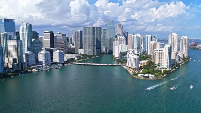 Aerial view footage. Aerial view of Miami cityscape skyscraper. City skyline aerial cityscape. Brickell Key downtown. Cityscape of Miami downtown. Florida modern skyscraper in downtown Miami