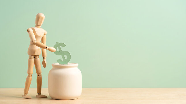 Financial budget management and marketing ROI concept with wooden mannequin inserting dollar sign into savings jar with copy space for banner