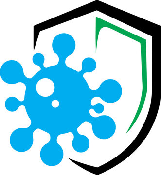 Blue virus icon with a protective shield symbol protection shield white