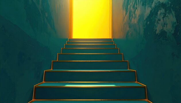 Dark teal cubic staircase with gold trim leading toward glowing yellow doorway with volumetric sunlight