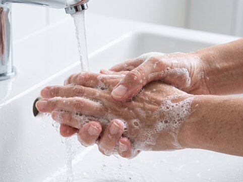 Close-up of hands being washed under running water; lather covers the fingers and palms.