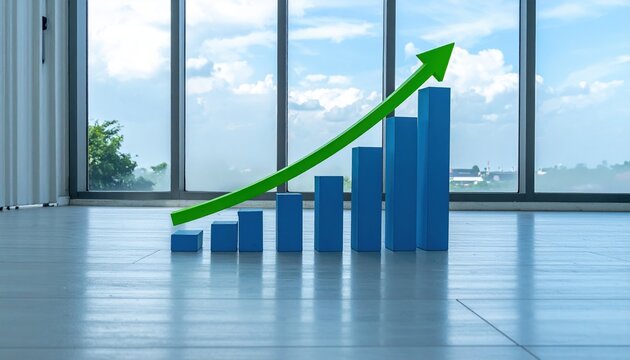Green upward arrow crossing blue bar chart on modern office floor representing financial growth and business success
