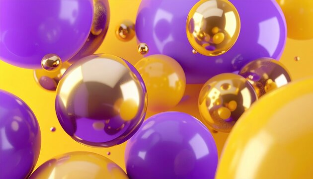 Floating spheres with metallic gold, purple and matte yellow textures arranged in dynamic modern geometric composition