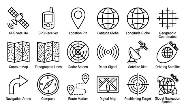 18 GPS Navigation Editable Line Icons Featuring Latitude, Longitude, Radar, Satellite, Contour Maps, Positioning, and Direction Symbols