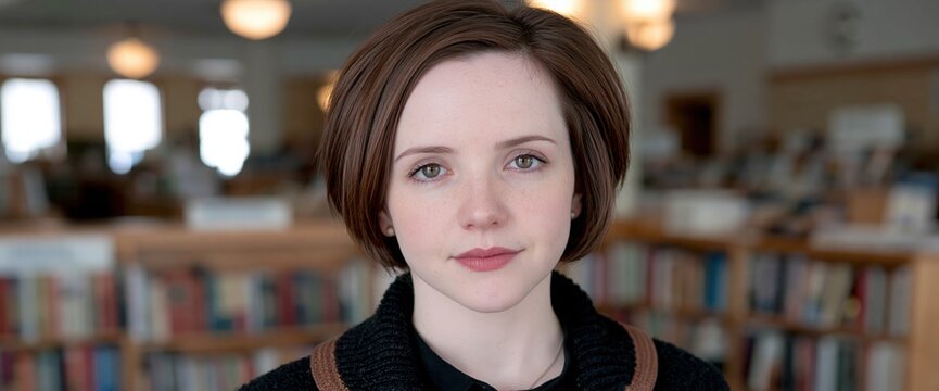 Portrait of a young woman with short brown hair standing inside a library