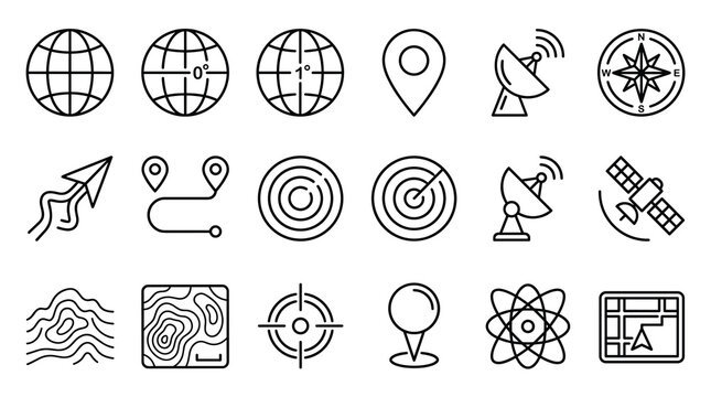Modern GPS and Geospatial Outline Icon Set with Satellite, Radar, Coordinates, Latitude, Longitude, Contour Lines, and Navigation Symbols