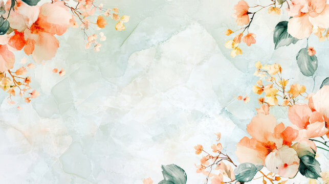 Delicate floral background featuring soft peach and yellow flowers with green leaves on light textured backdrop, evoking serene atmosphere