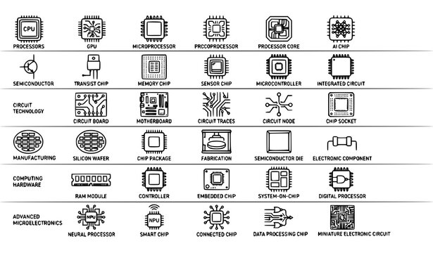 Semiconductor chip and electronic component outline icon collection with processor circuit and hardware symbols