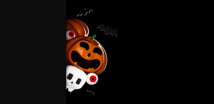 3D Halloween Pumpkins and Skull on Dark Background