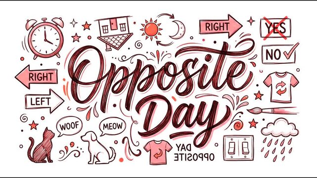 Opposite Day hand drawn lettering typography illustration with antonym concepts reverse symbols and cute doodles vector background.
