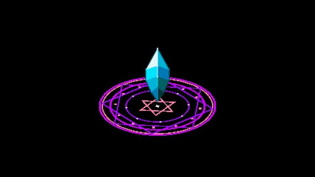 A high-impact 16-bit pixel art animation of an isometric magic circle spinning exponentially to overload and shatter a floating mana crystal. Features a dynamic centrifugal explosion followed by a sat