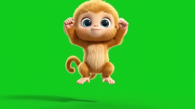Cute baby monkey animal energetic jump dance on green screen