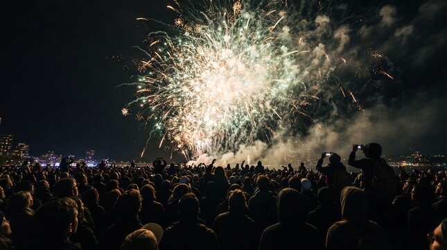 Spectacular new year's eve fireworks display illuminating the night sky above a jubilant crowd of people