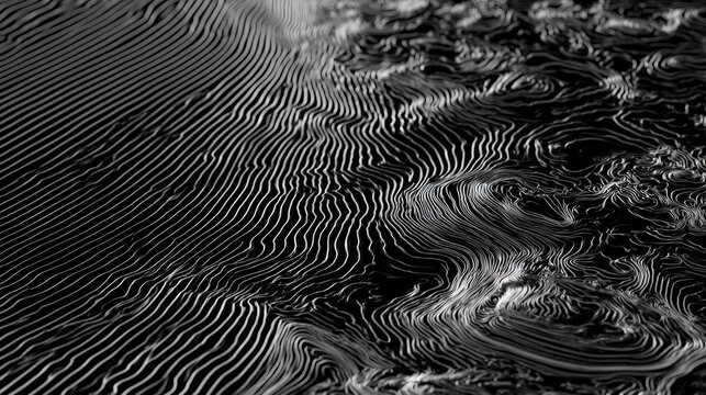 Abstract flowing white lines on black background create a textured topographic pattern. Ideal for tech backgrounds and modern data visualization design concepts.