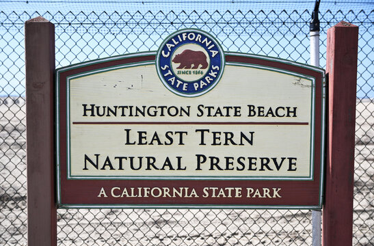 HUNTINGTON BEACH, CALIFORNIA - 19 SEPT 2025: Sing at the Least Tern Natural Preserve at Huntington State Beach and the Santa Ana River.