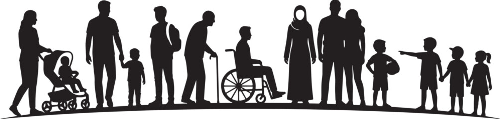Obraz premium Diverse group of people silhouettes including families elderly disabled person and children vector illustration on white background