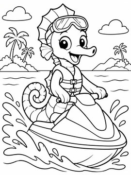 Cute cartoon seahorse riding jet ski watercraft wearing life jacket, kids educational sports activity book coloring page vector