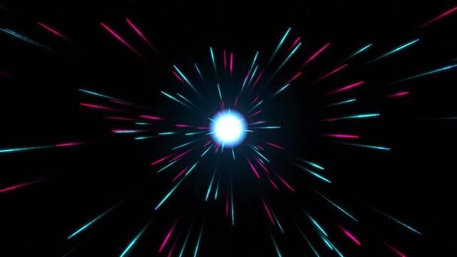Neon light speed warp tunnel abstract background, cyberpunk hyperspace travel effect, glowing blue and pink particle streaks motion