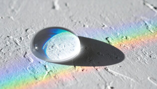 Clear glass drop casting rainbow spectrum across textured white plaster surface
