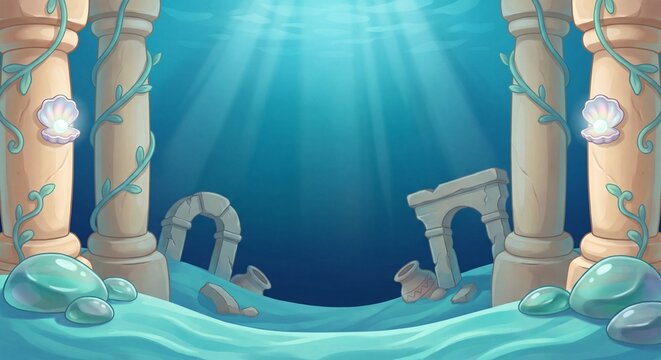 Sunken Atlantis Underwater Temple Ruins with Classical Columns Clam Shell Pearls and Sunbeams   