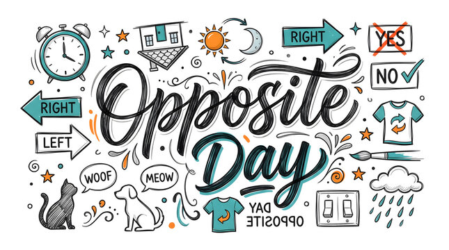 Opposite Day hand drawn lettering typography illustration with antonym concepts, reverse symbols and cute doodles vector background.