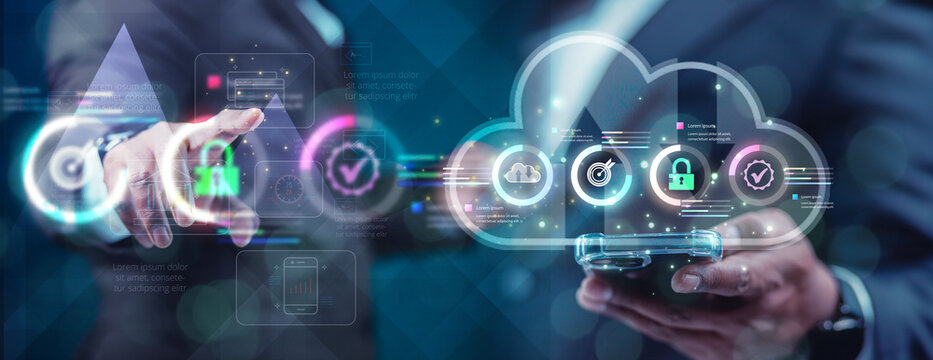 Concept of technological security  A businessman showcases an innovation  system for accessing big data via the cloud.