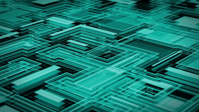 Abstract digital 3D background with translucent layered turquoise and cyan rectangular patterns. Futuristic composition in cyber interface aesthetic for modern science and technology visuals. 4K 60fps