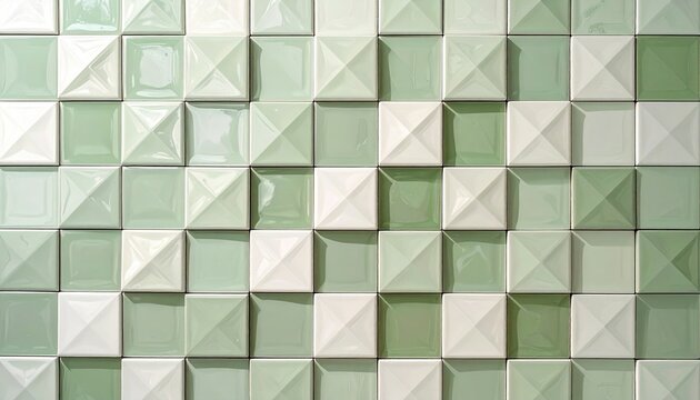 Modern checkered ceramic tile wall with alternating pale green and white square tiles