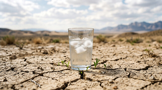 Glass of water with ice standing on dry cracked earth landscape under cloudy sky