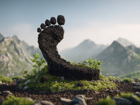 Photorealistic conceptual carbon footprint formed by dark soil against a green landscape, sustainable environmental awareness concept, minimalist commercial composition, no people, no logos, no text