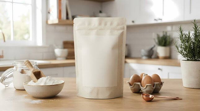Blank kraft paper pouch packaging mockup on kitchen wooden table with flour and eggs