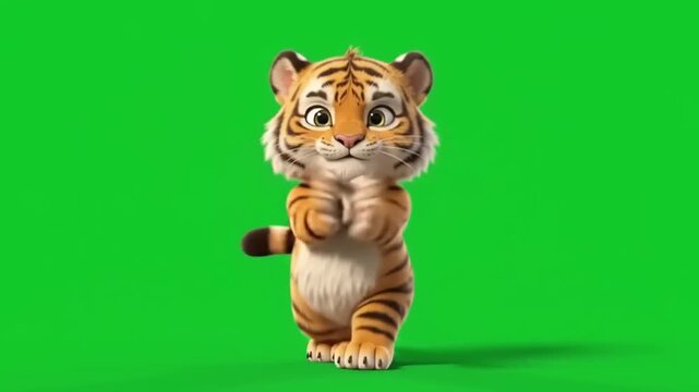 Adorable young tiger animal dance motion on a bright green screen