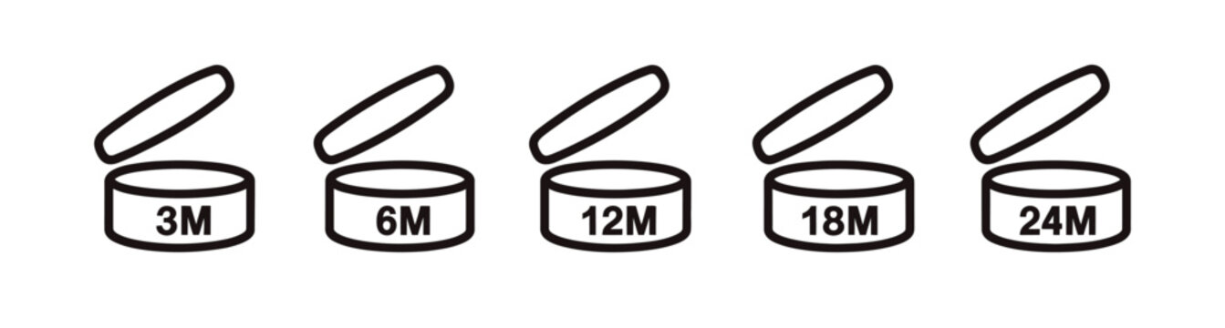 3M 6M 12M 18M 24M Period Signs Set, Product Expiration Guidelines and Usage Information Vector.