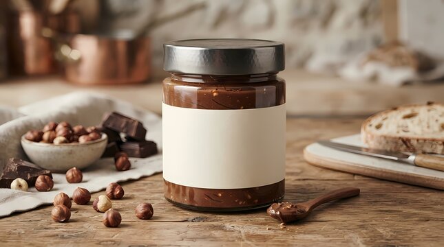 Glass jar of homemade chocolate hazelnut spread with blank label on rustic wooden kitchen table