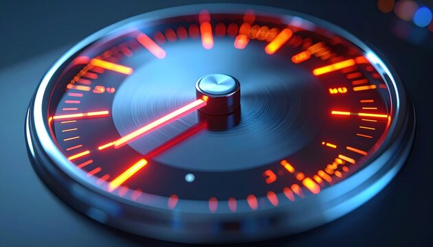 Abstract metallic speedometer dial with glowing indicators representing fast acceleration and modern technology