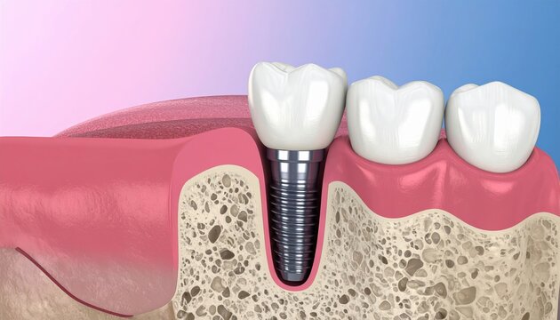 Dental implant titanium screw with white tooth crown, pink gum and jawbone shown in detailed medical cross section
