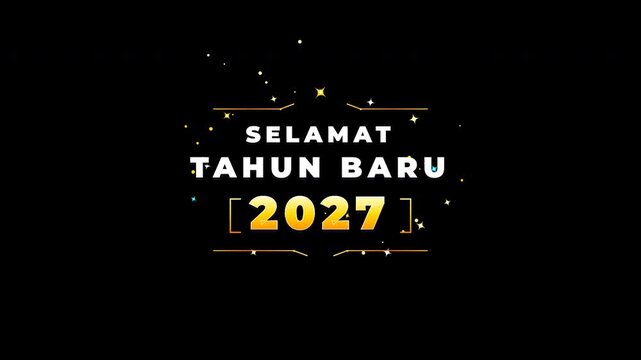 Desain visual dan animasi kartu ucapan Selamat Tahun Baru 2027 dalam Bahasa Indonesia beresolusi 4K UHD (3840x2160). Menggunakan tipografi modern yang tegas, elegan, dan mudah dibaca, dilengkapi aksen
