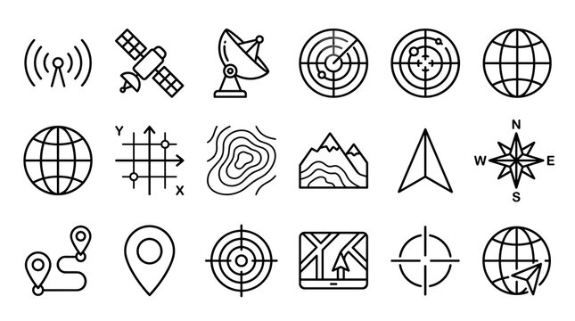 GPS and Navigation Linear Icon Collection with Editable Stroke Satellite, Radar, Coordinate Grid, Contour Mapping, Geolocation, and Route Symbols