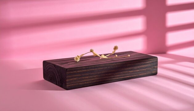 Dark wooden rectangular podium resting on pink surface with window-blind shadows for minimalist product presentation