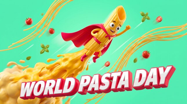 3D cute penne pasta superhero in red cape blasting off as rocket with yellow cheddar cheese flame plume, World Pasta Day bold mint green heroic illustration