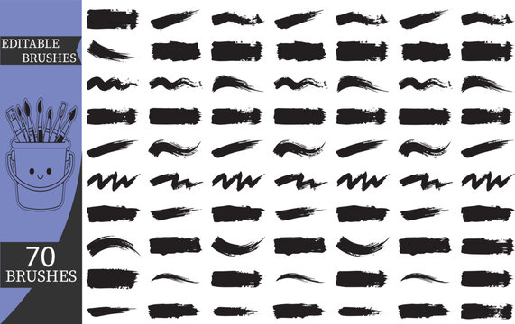 Grunge black ink brush strokes collection, 70 editable vector brushes set, hand drawn paint textures and artistic calligraphy smears for graphic design